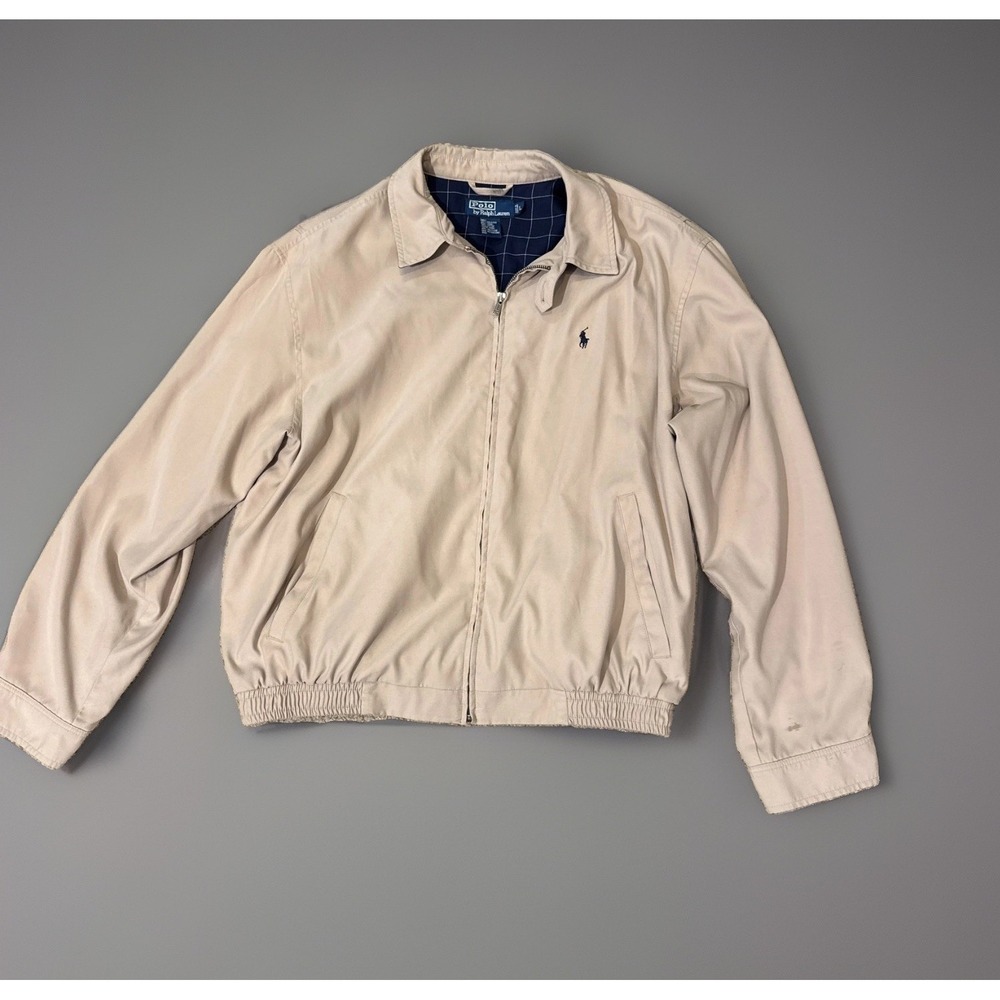VTG Polo Ralph Lauren Bomber Jacket Mens L Beige Plaid Lined Harrington Full Zip